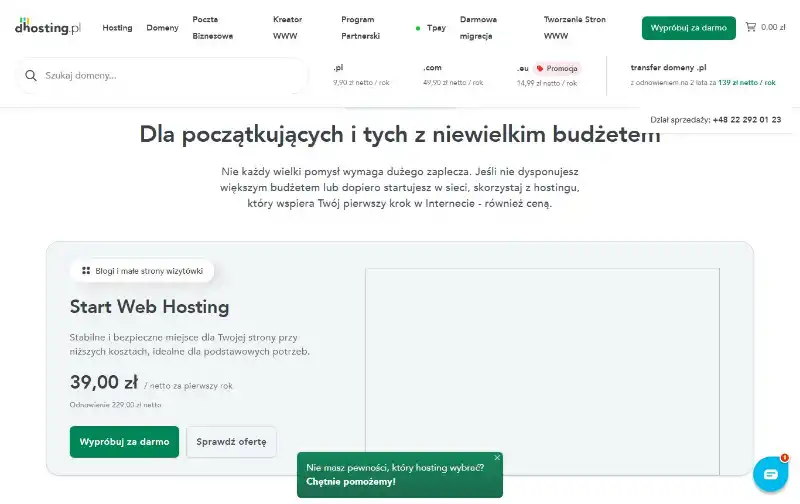 Cennik hostingu dHosting (Start Web Hosting) — zrzut ekranu, wrzesień 2026
