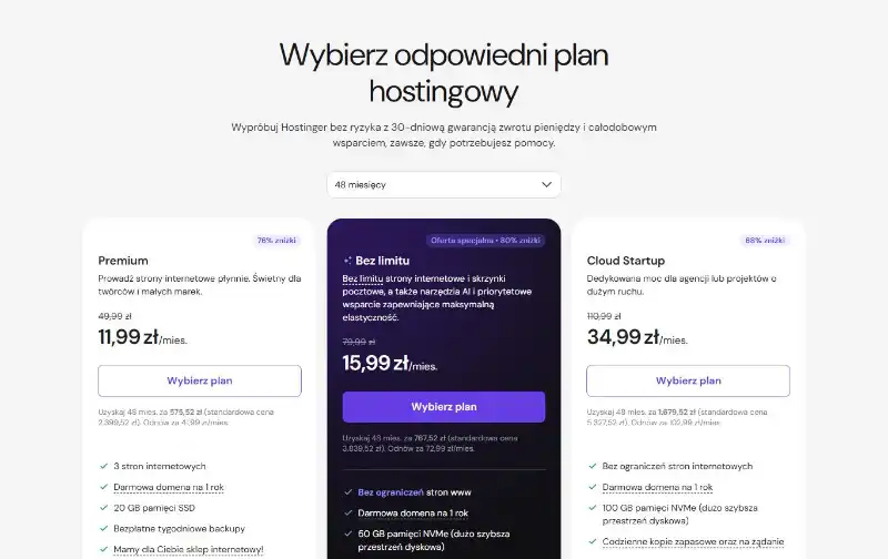 Cennik hostingu Hostinger (Premium, Bez limitu, Cloud Startup) — zrzut ekranu, wrzesień 2026