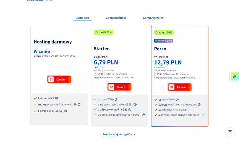 Cennik hostingu OVHcloud (Starter, Perso) — zrzut ekranu, wrzesień 2026