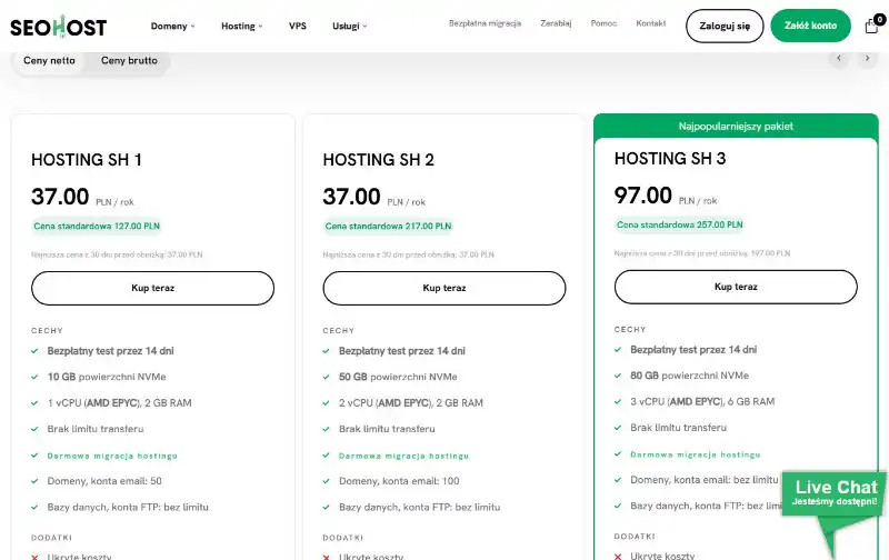 Cennik hostingu SEOHOST.pl (SH 1, SH 2, SH 3) — zrzut ekranu, wrzesień 2026