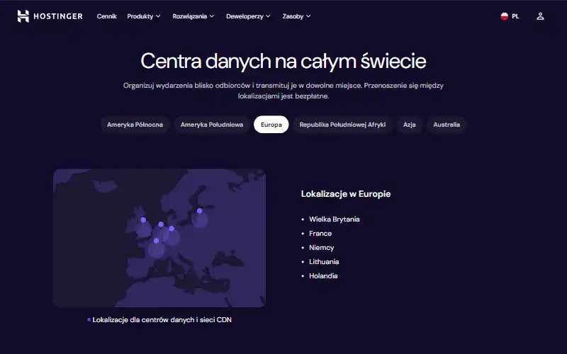 Centra danych Hostinger w Europie — Wielka Brytania, Francja, Niemcy, Litwa, Holandia, wrzesień 2026