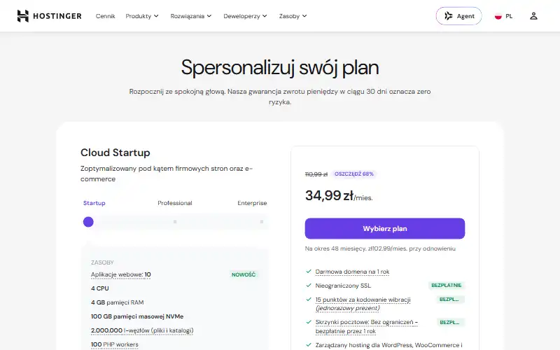 Hosting w chmurze Hostinger — plan Cloud Startup: 4 CPU, 4 GB RAM, 100 GB NVMe, wrzesień 2026