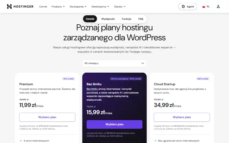 Cennik hostingu WordPress Hostinger — plany Premium, Bez limitu i Cloud Startup, wrzesień 2026