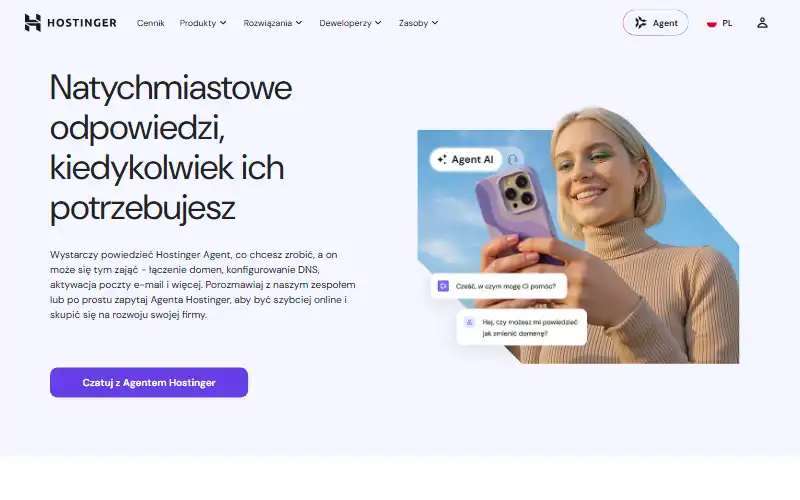 Strona kontaktu Hostinger — wsparcie przez czat z Agentem Hostinger, wrzesień 2026