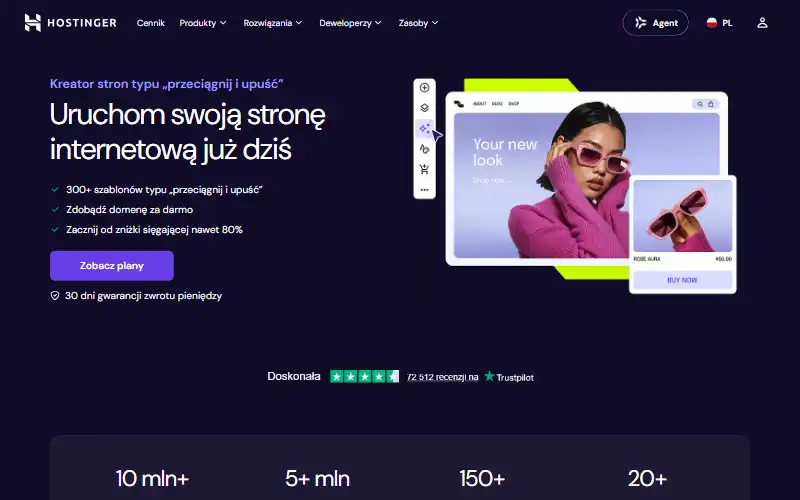 Kreator stron Hostinger — strona główna kreatora z szablonami, wrzesień 2026