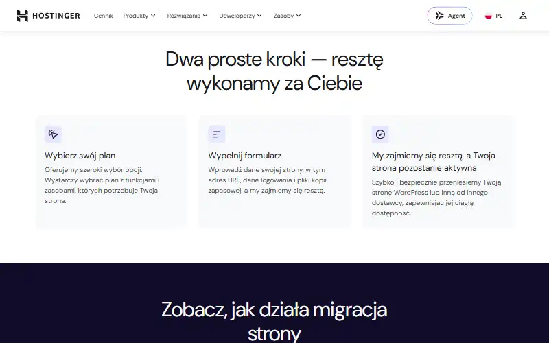Migracja strony do Hostingera — dwa kroki: wybór planu i formularz, wrzesień 2026