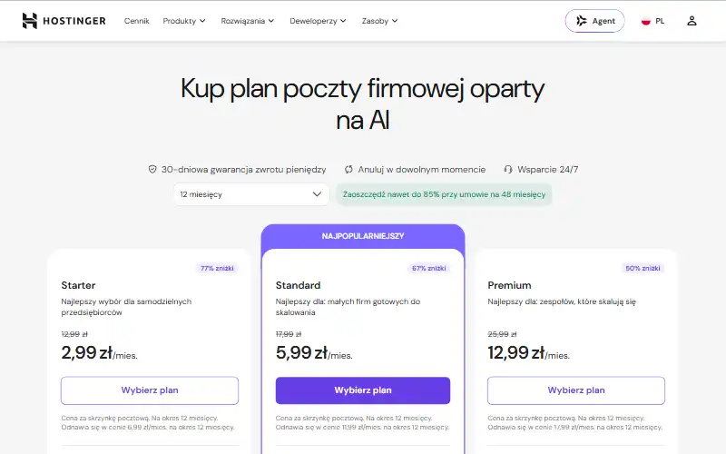 Cennik poczty firmowej Hostinger — plany Starter, Standard i Premium, wrzesień 2026