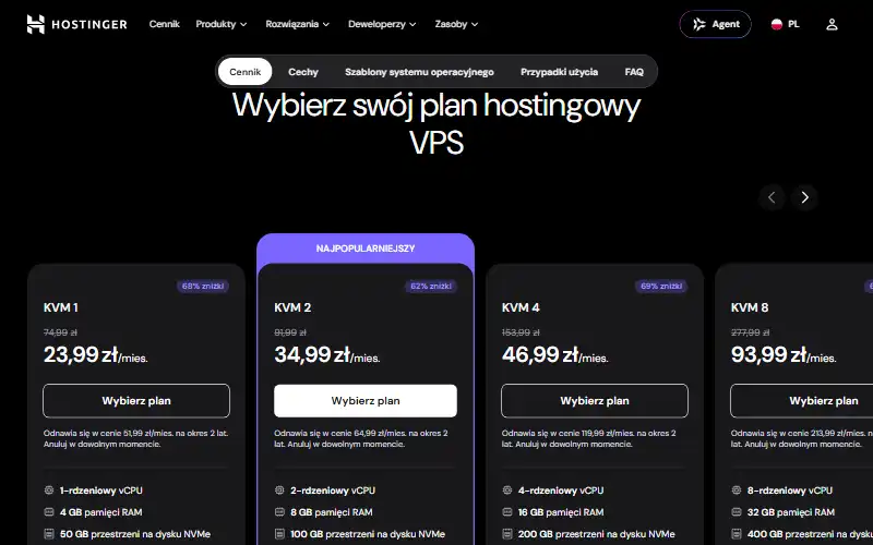 Cennik serwerów VPS Hostinger — plany KVM 1, KVM 2, KVM 4 i KVM 8, wrzesień 2026