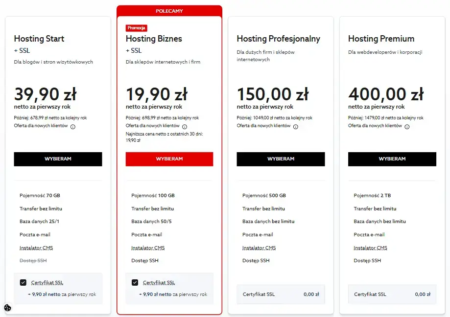 Pakiety Start, Biznes, Profesjonalny i Premium w home.pl