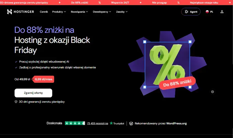 Strona główna Hostingera z ofertą Black Friday, 26.10.2026