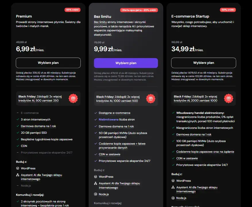 Cennik hostingu WordPress w Hostingerze, 26.10.2026: te same plany z opisem funkcji